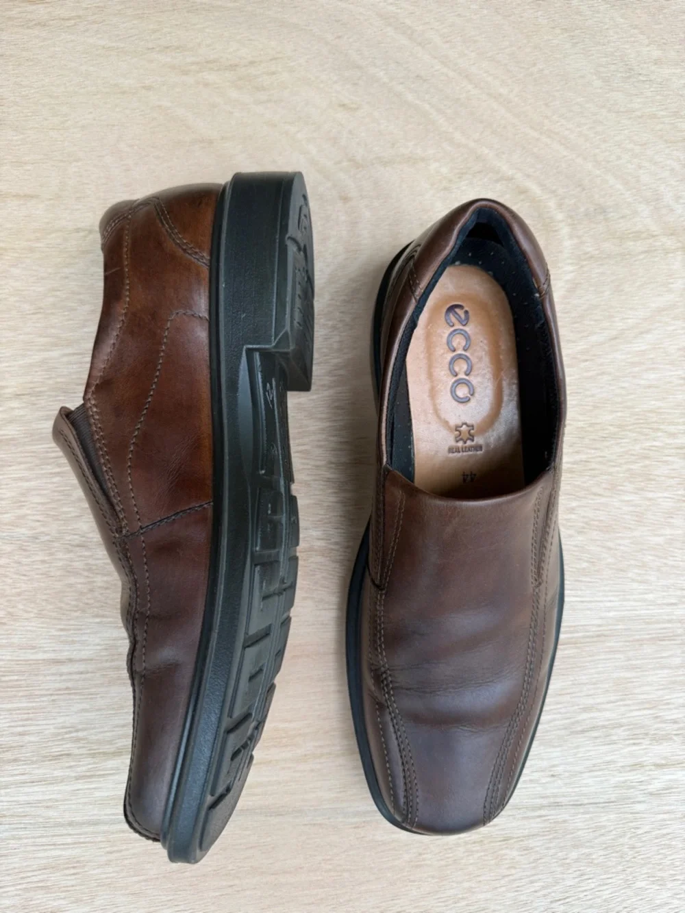 ECCO Helsinki Men Leather Bike Toe Slip On Loafers Brown Apron Dress Shoes 44
